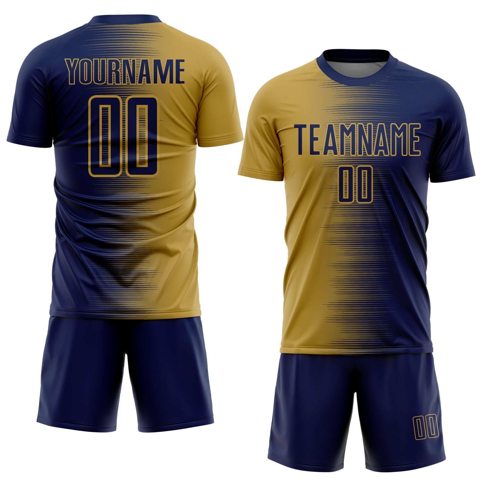 Custom Navy Old Gold Gradient Line Sublimation Soccer Uniform Jersey view 2