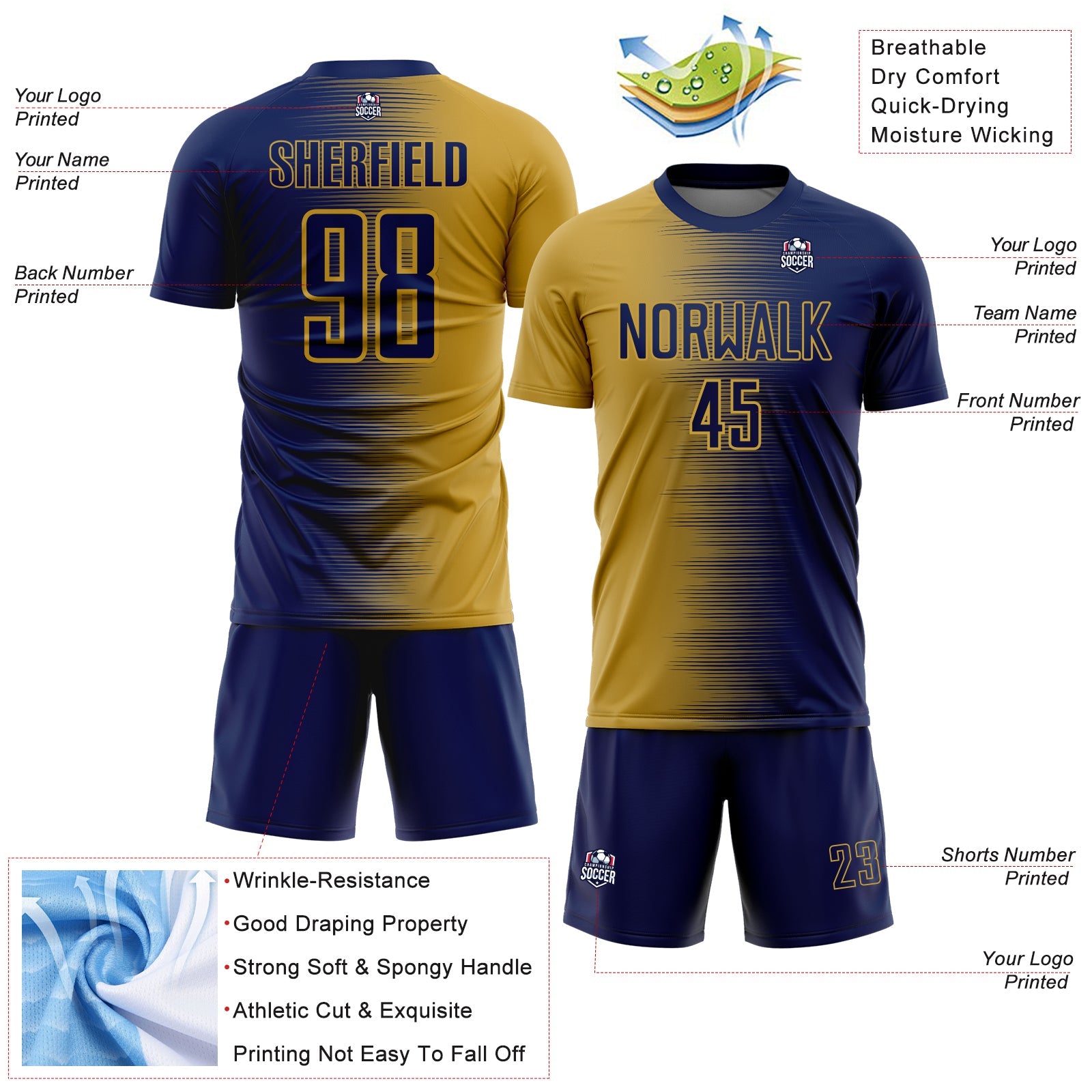 Custom Navy Old Gold Gradient Line Sublimation Soccer Uniform Jersey view 4