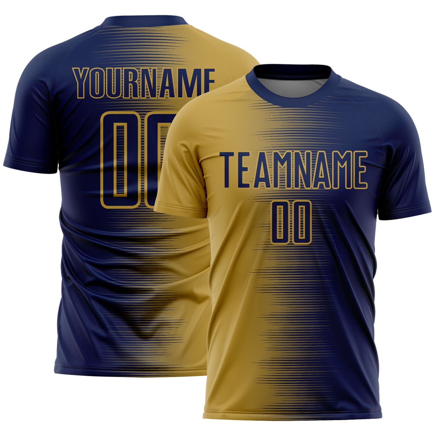 Custom Navy Old Gold Gradient Line Sublimation Soccer Uniform Jersey - Main View