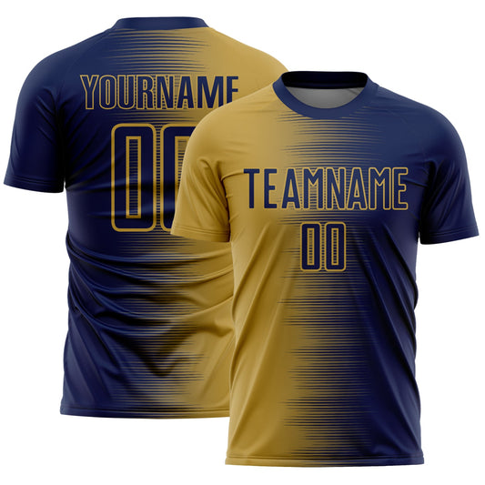 Custom Navy Old Gold Gradient Line Sublimation Soccer Uniform Jersey - Main View