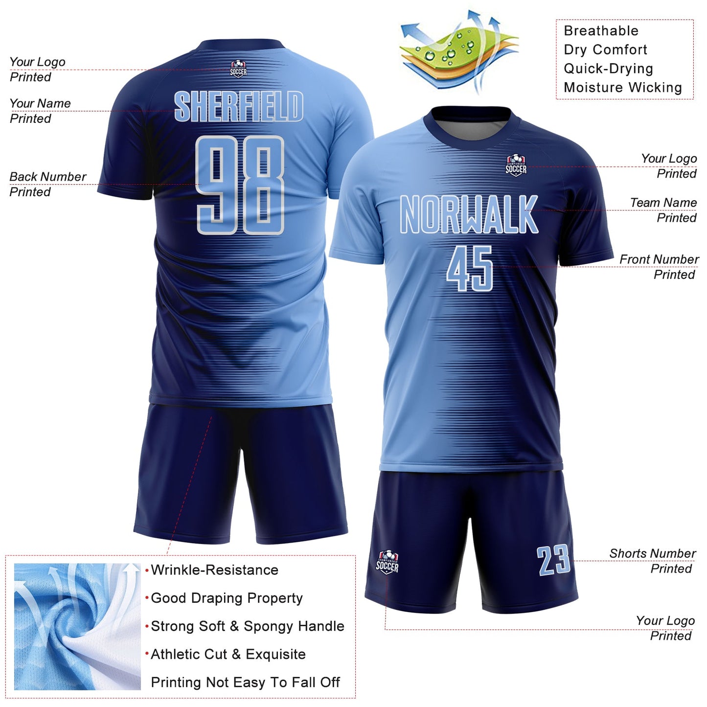 Custom Navy Light Blue-White Gradient Line Sublimation Soccer Uniform Jersey view 4