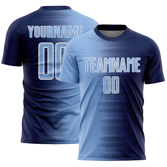 Custom Navy Light Blue-White Gradient Line Sublimation Soccer Uniform Jersey - Main View
