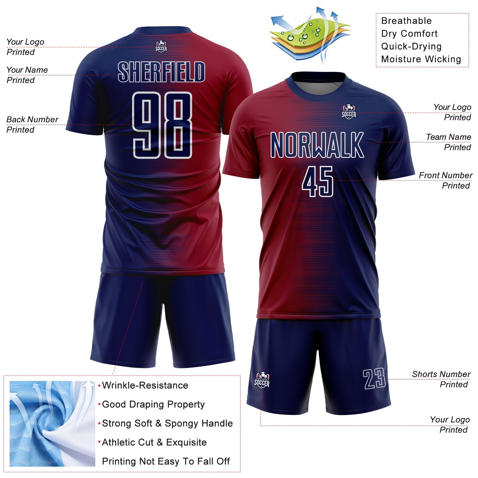Custom Navy White-Crimson Gradient Line Sublimation Soccer Uniform Jersey view 4