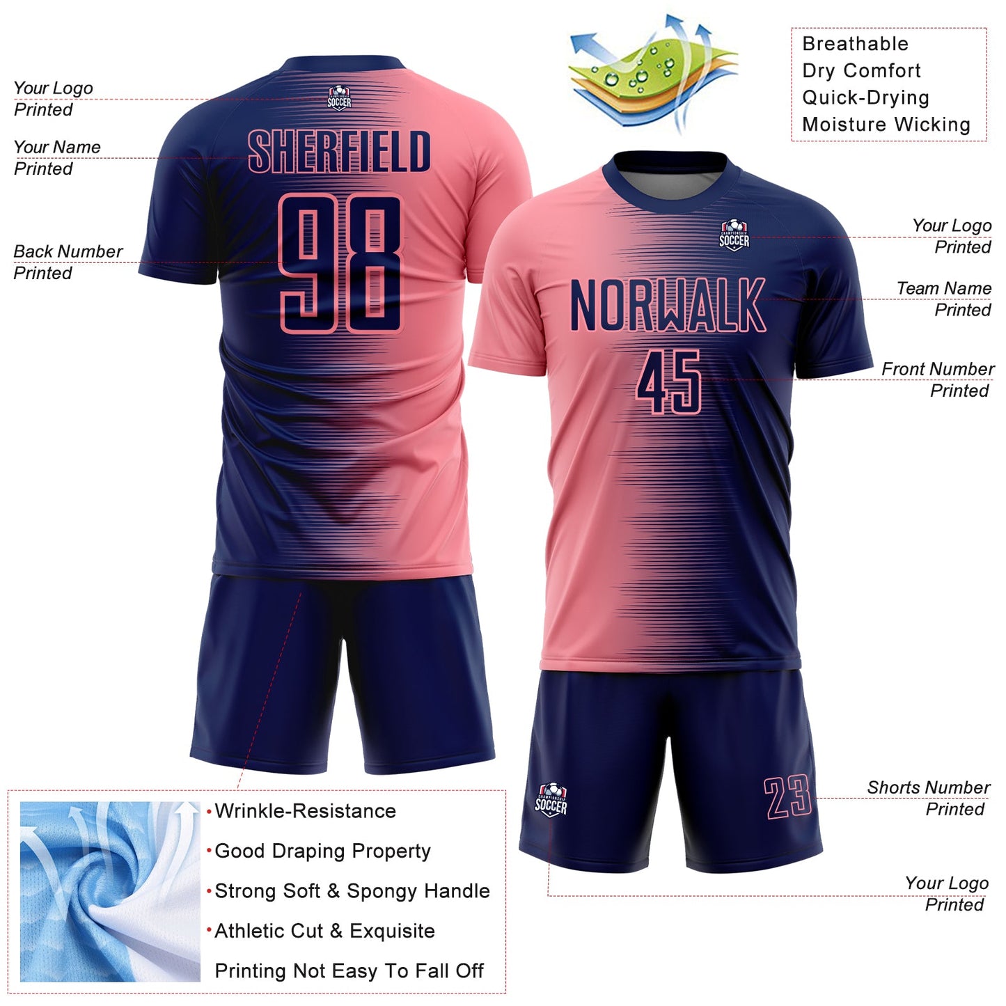 Custom Navy Medium Pink Gradient Line Sublimation Soccer Uniform Jersey view 4