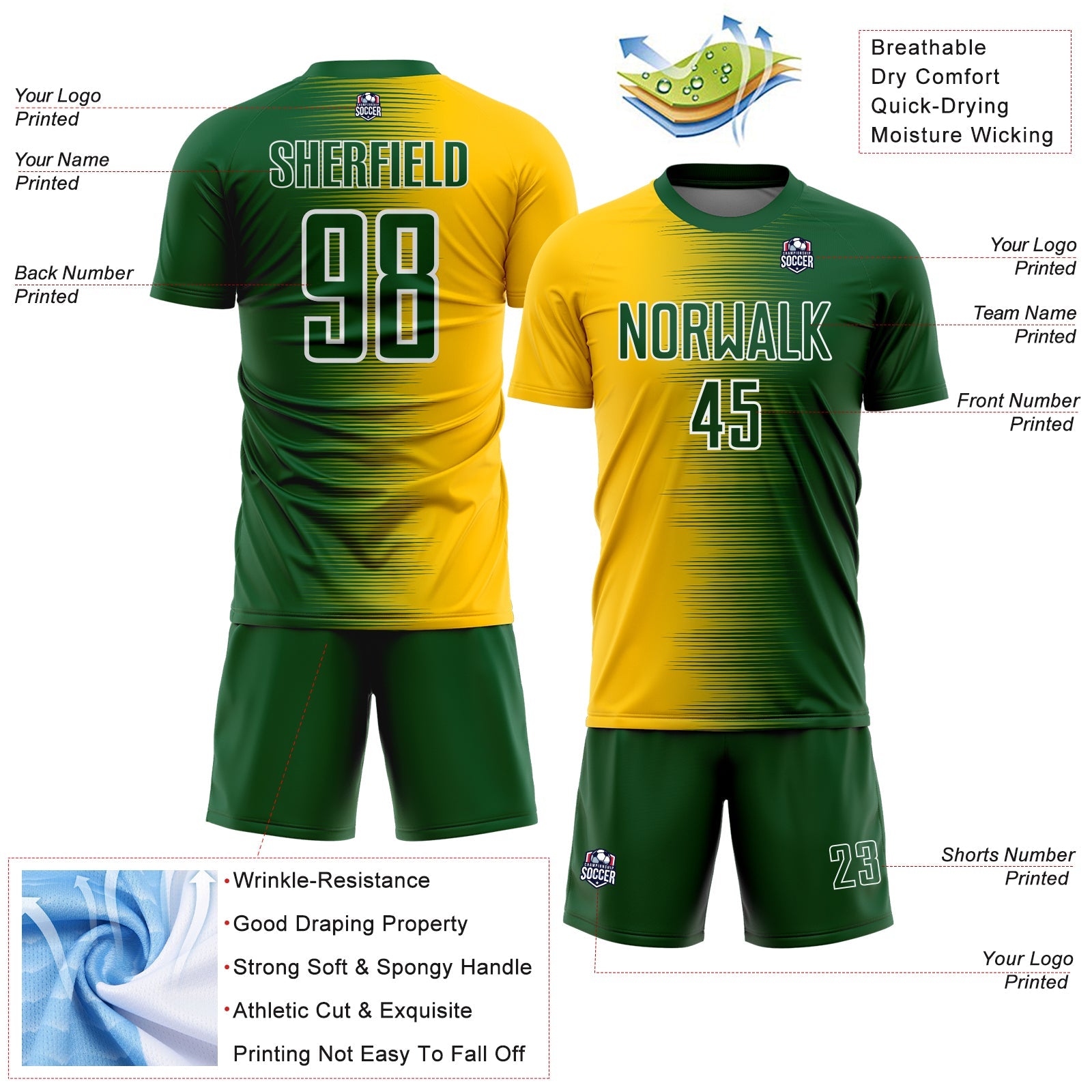 Custom Green White-Yellow Gradient Line Sublimation Soccer Uniform Jersey view 4