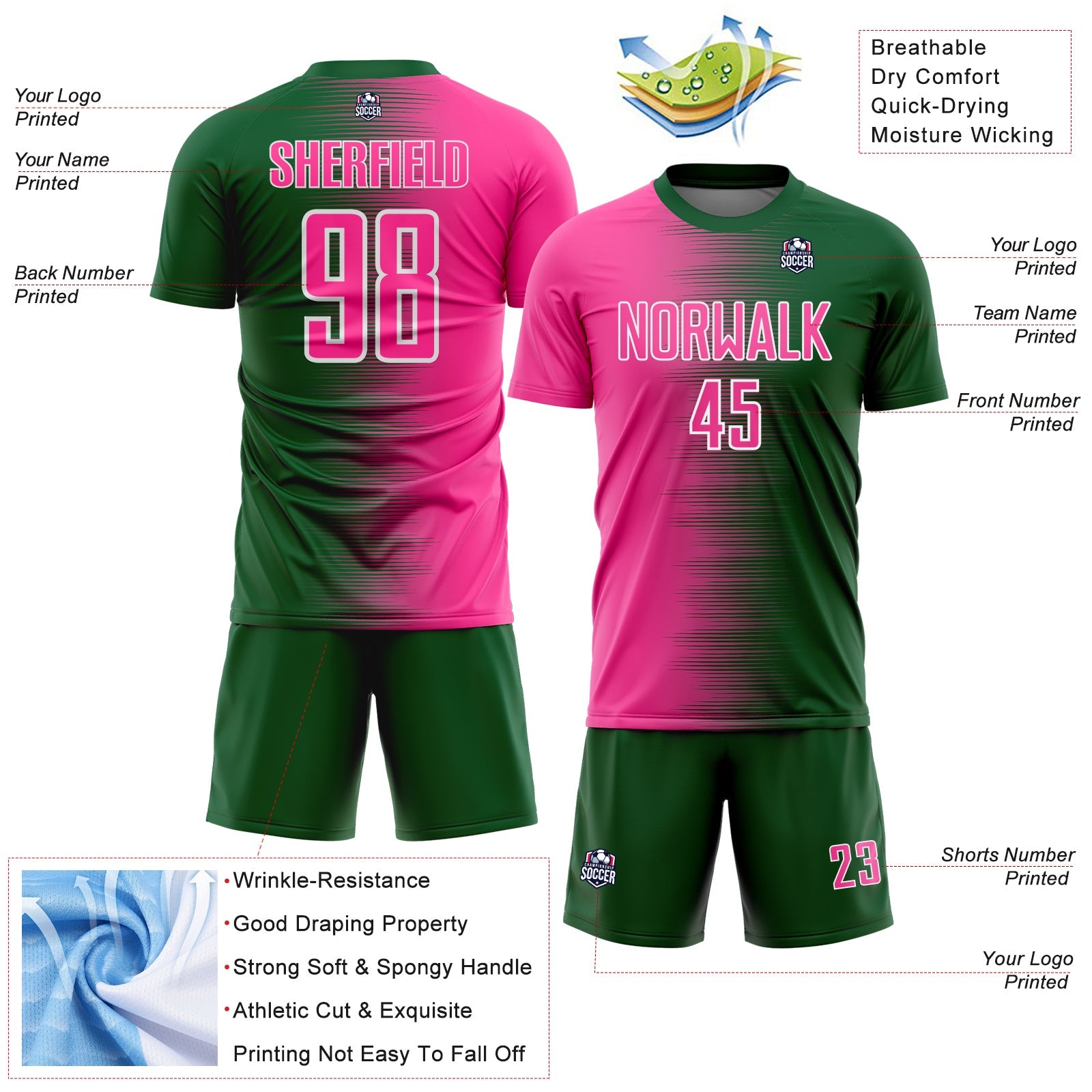 Custom Green Pink-White Gradient Line Sublimation Soccer Uniform Jersey view 4