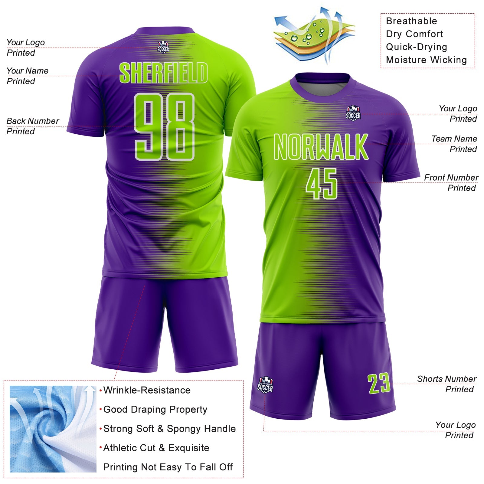 Custom Purple Neon Green-White Gradient Line Sublimation Soccer Uniform Jersey view 4