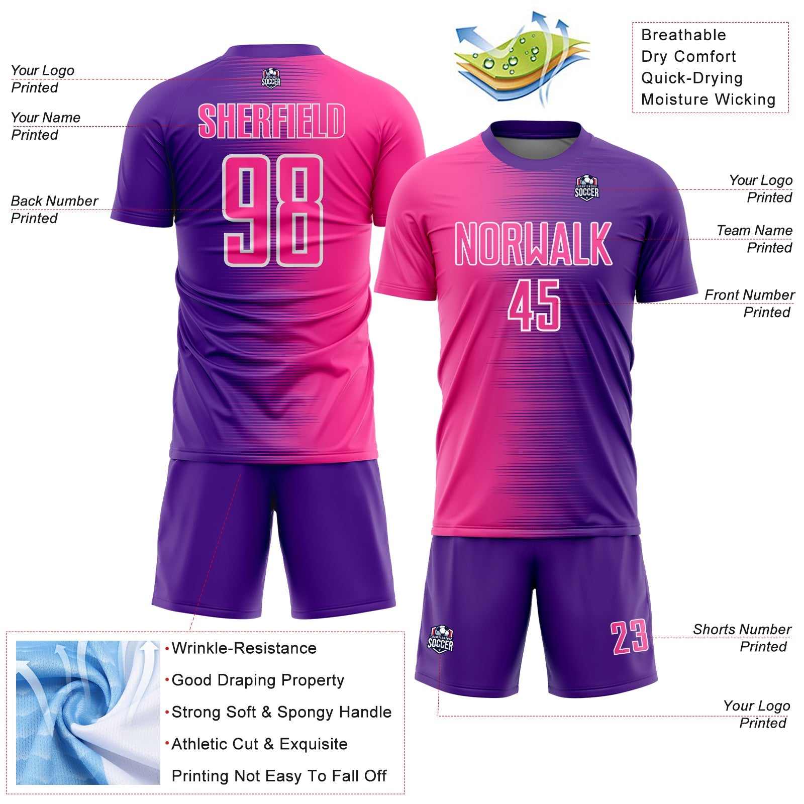 Custom Purple Pink-White Gradient Line Sublimation Soccer Uniform Jersey view 4