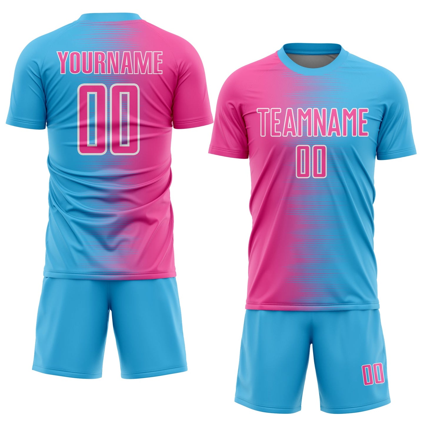 Custom Sky Blue Pink-White Gradient Line Sublimation Soccer Uniform Jersey view 2