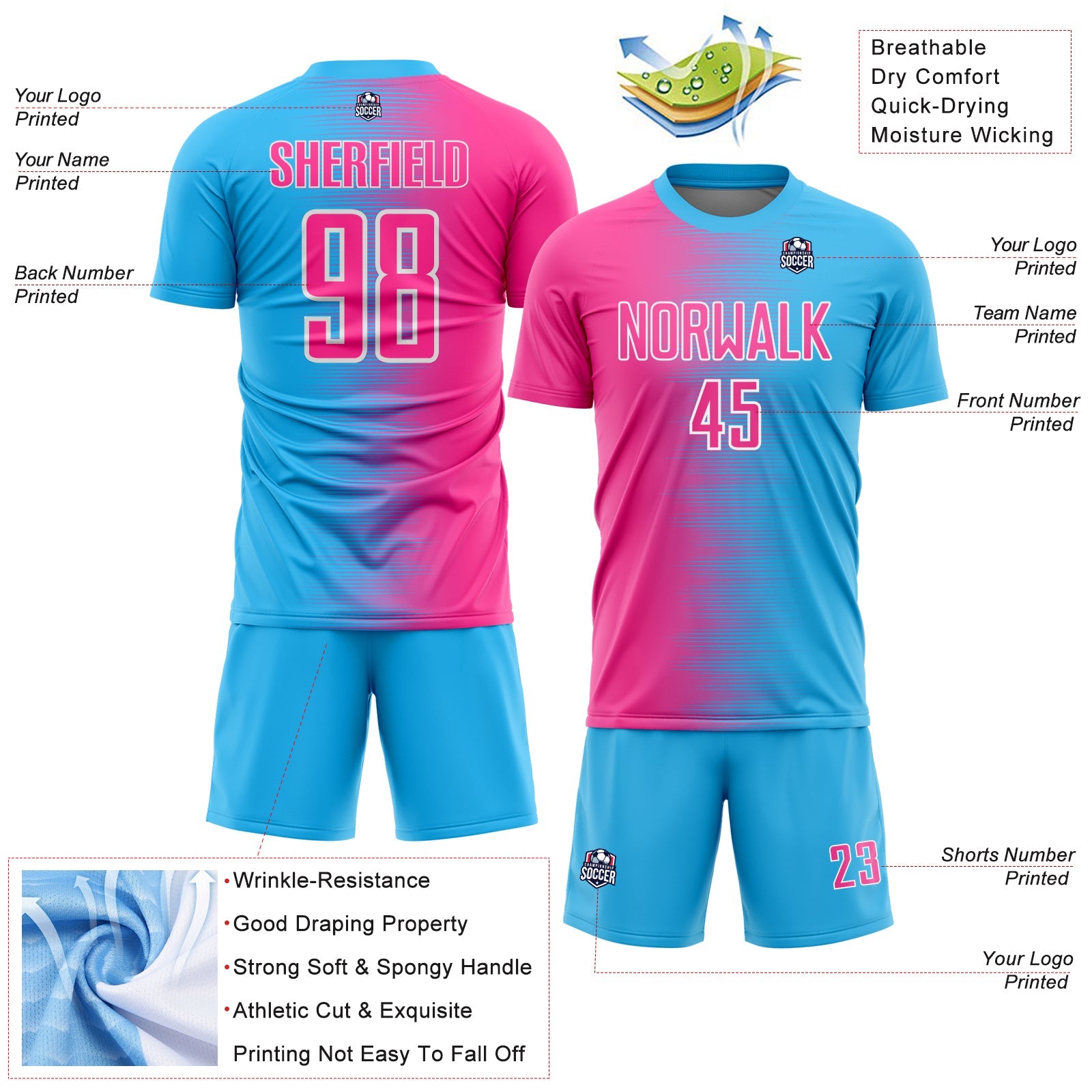 Custom Sky Blue Pink-White Gradient Line Sublimation Soccer Uniform Jersey view 4