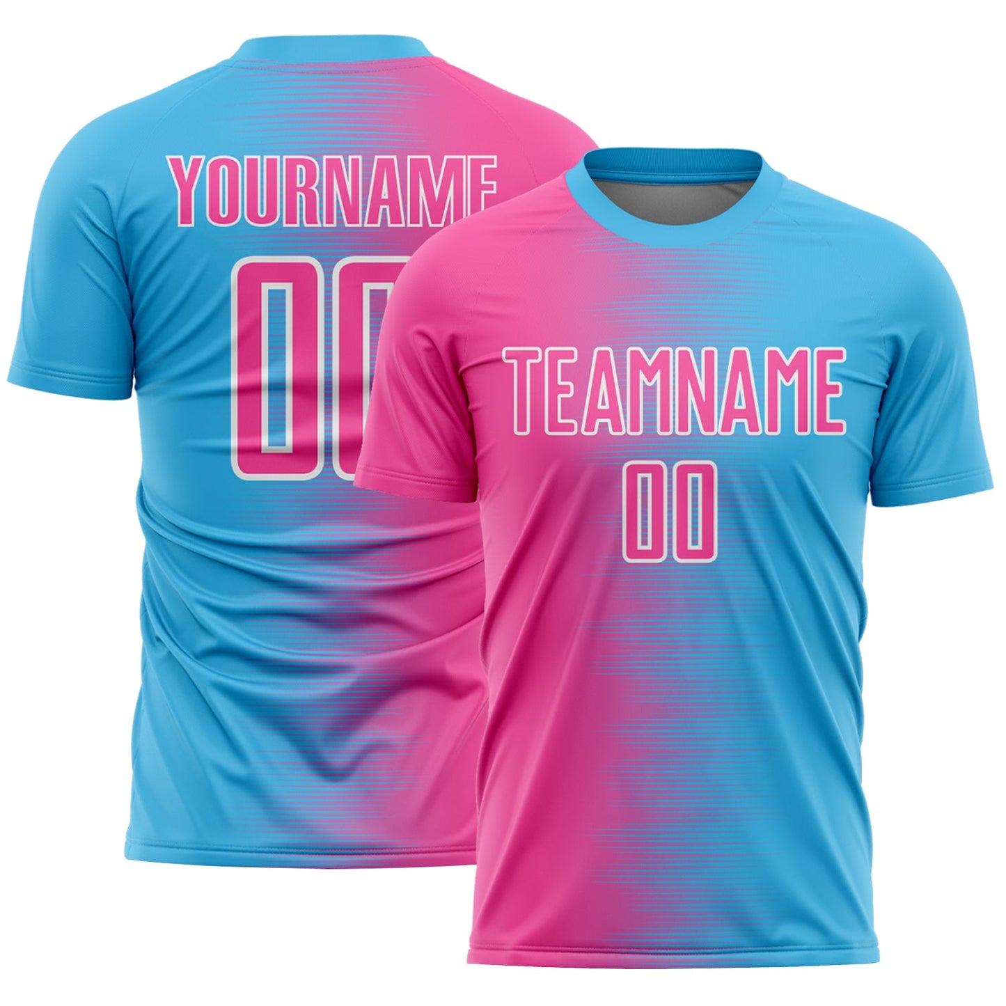 Custom Sky Blue Pink-White Gradient Line Sublimation Soccer Uniform Jersey - Main View