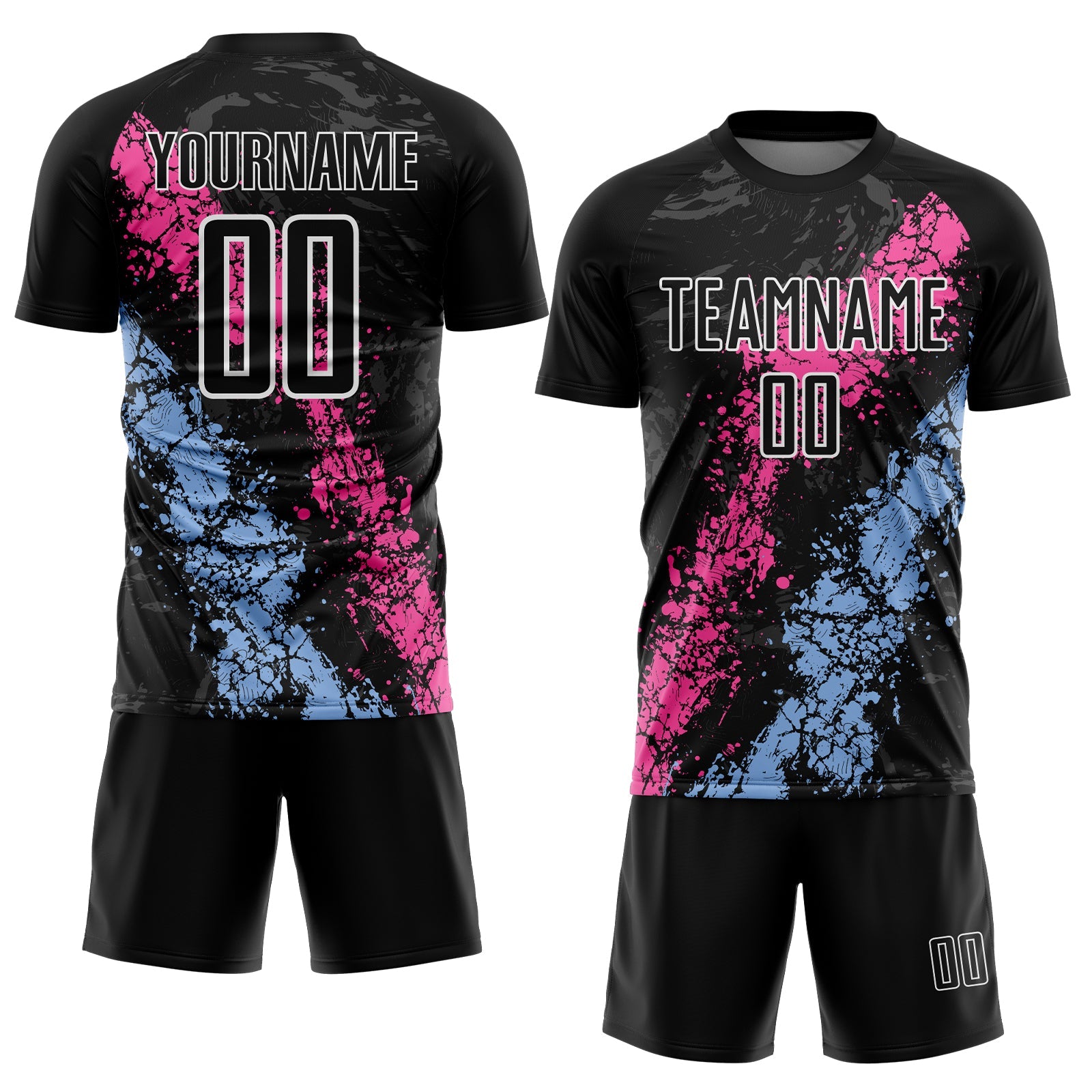 Custom Black White Pink-Light Blue Dripping Splatter Cracked Texture Sublimation Soccer Uniform Jersey view 2