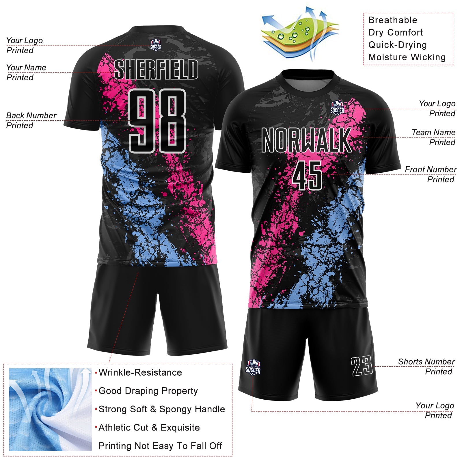 Custom Black White Pink-Light Blue Dripping Splatter Cracked Texture Sublimation Soccer Uniform Jersey view 4