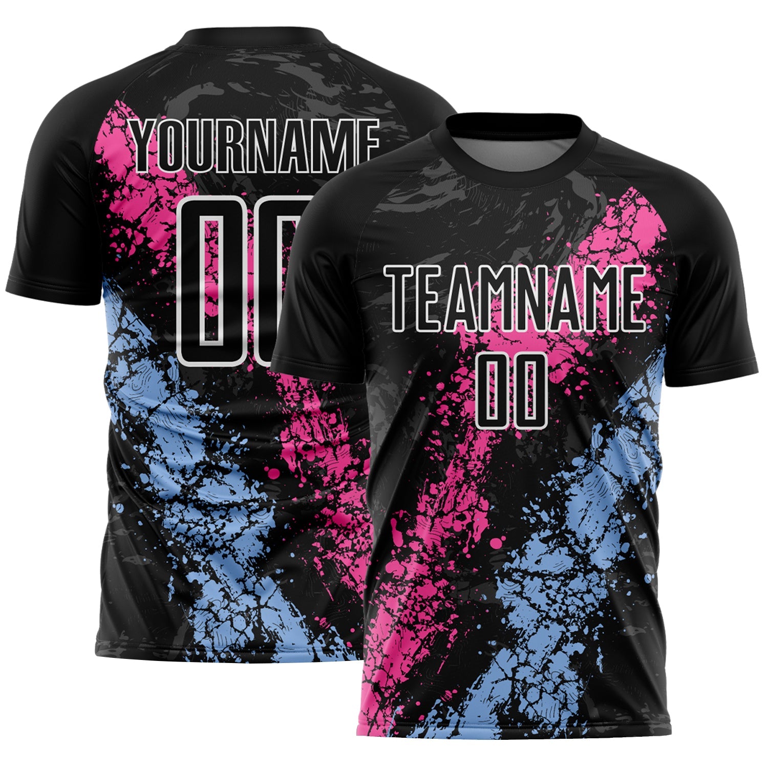 Custom Black White Pink-Light Blue Dripping Splatter Cracked Texture Sublimation Soccer Uniform Jersey - Main View