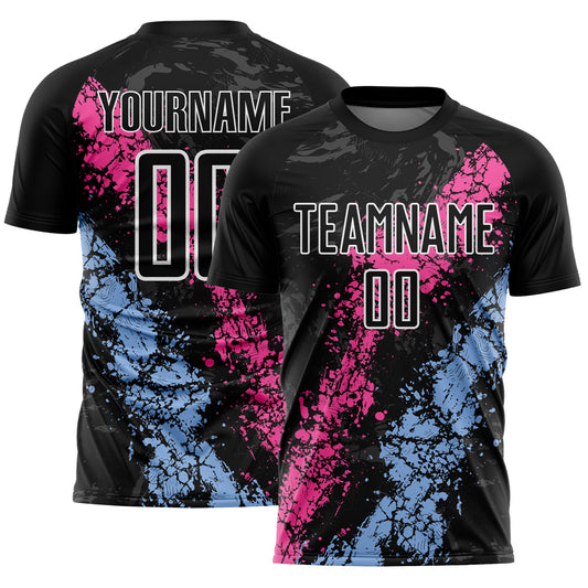 Custom Black White Pink-Light Blue Dripping Splatter Cracked Texture Sublimation Soccer Uniform Jersey - Main View