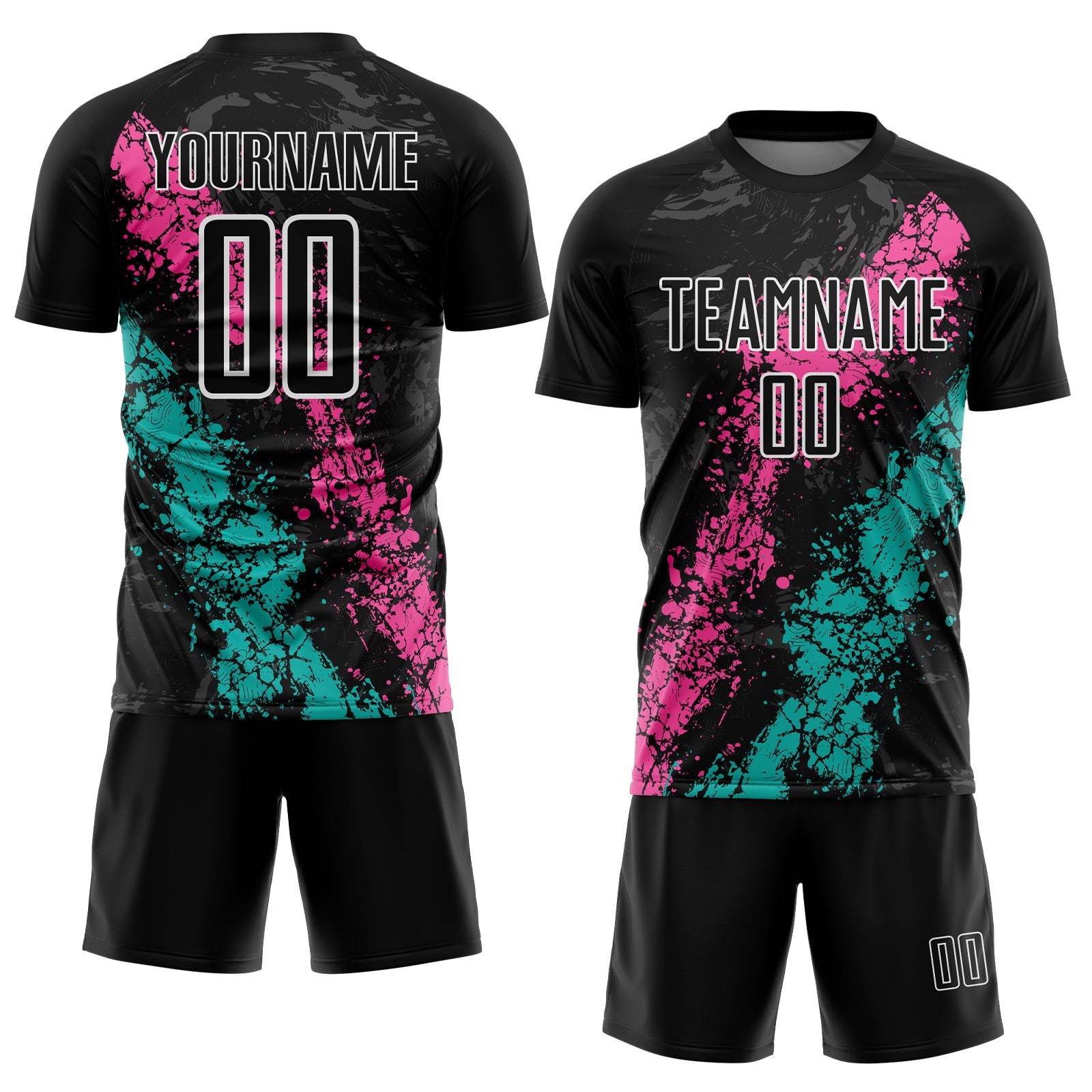 Custom Black White Pink-Aqua Dripping Splatter Cracked Texture Sublimation Soccer Uniform Jersey view 2