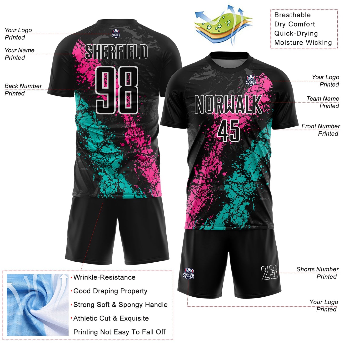 Custom Black White Pink-Aqua Dripping Splatter Cracked Texture Sublimation Soccer Uniform Jersey view 4