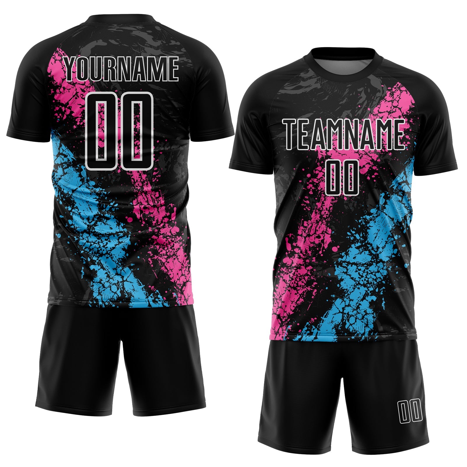 Custom Black White Pink-Sky Blue Dripping Splatter Cracked Texture Sublimation Soccer Uniform Jersey view 2