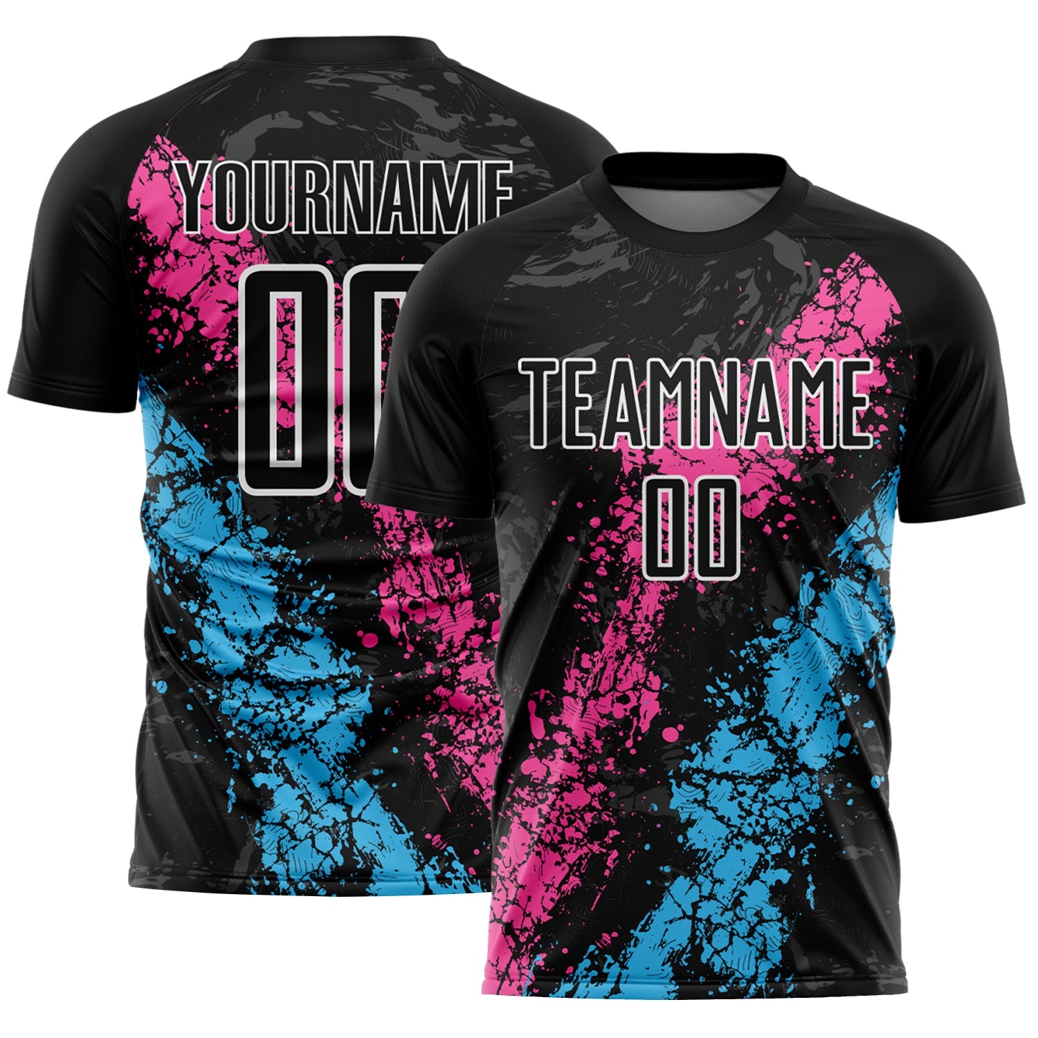 Custom Black White Pink-Sky Blue Dripping Splatter Cracked Texture Sublimation Soccer Uniform Jersey - Main View
