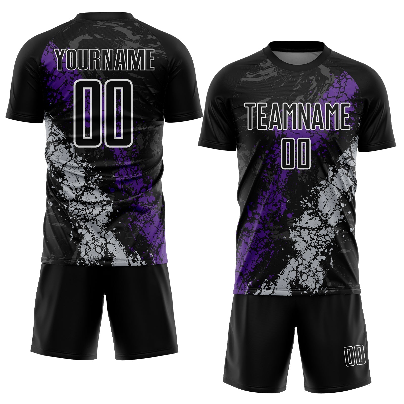 Custom Black White Purple-Gray Dripping Splatter Cracked Texture Sublimation Soccer Uniform Jersey view 2