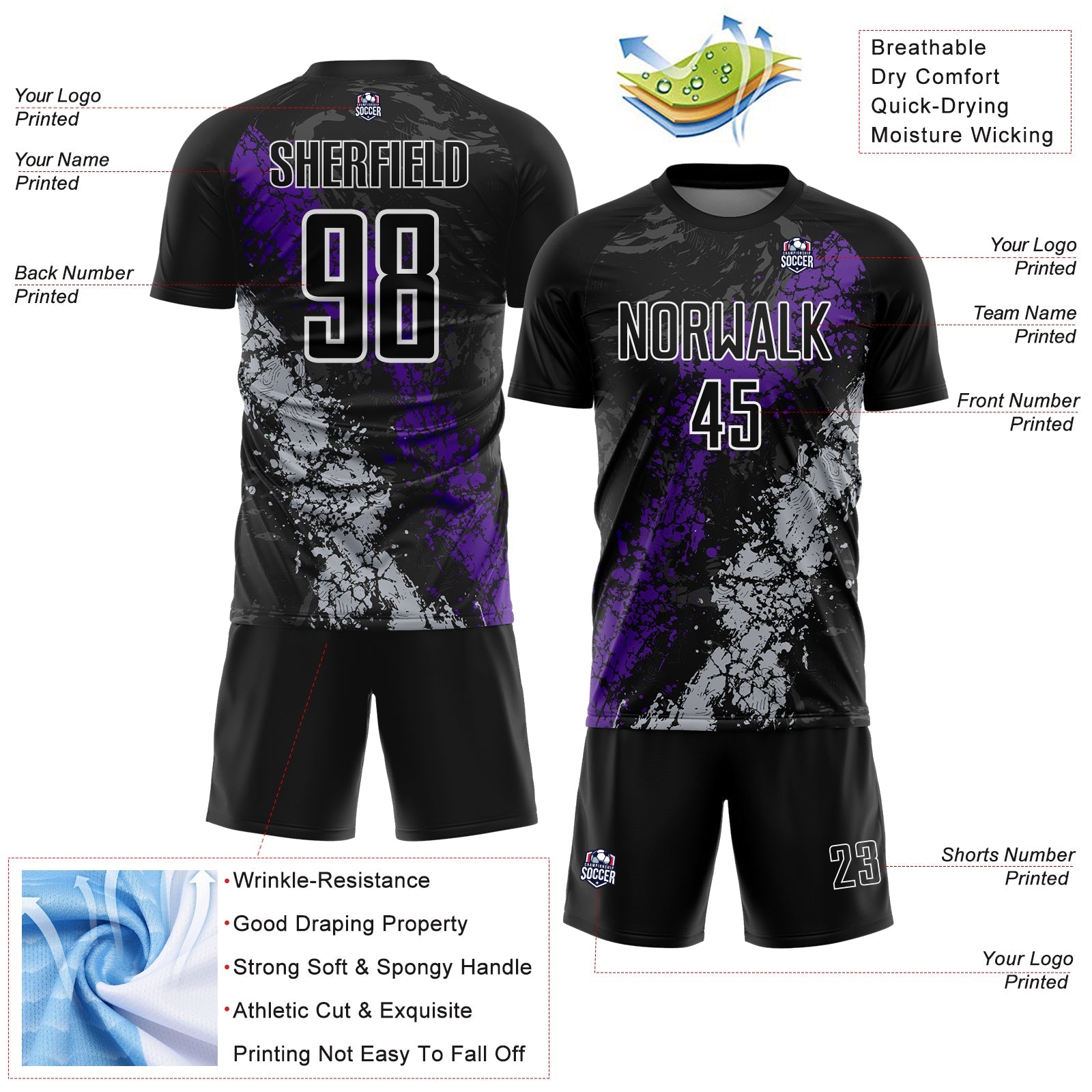 Custom Black White Purple-Gray Dripping Splatter Cracked Texture Sublimation Soccer Uniform Jersey view 4