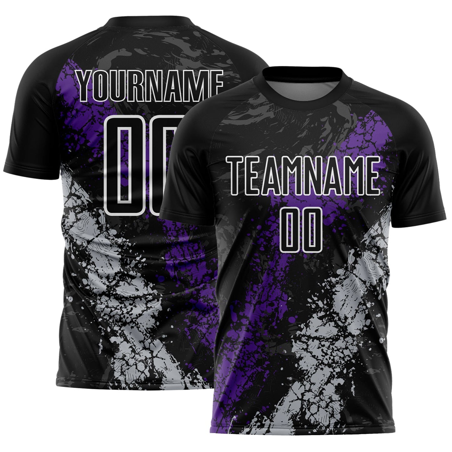 Custom Black White Purple-Gray Dripping Splatter Cracked Texture Sublimation Soccer Uniform Jersey - Main View