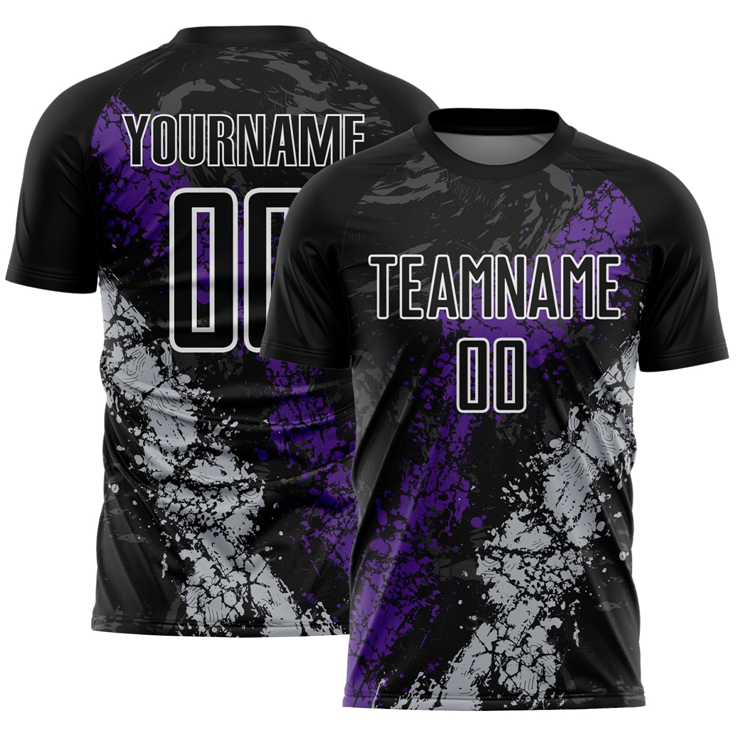 Custom Black White Purple-Gray Dripping Splatter Cracked Texture Sublimation Soccer Uniform Jersey - Main View
