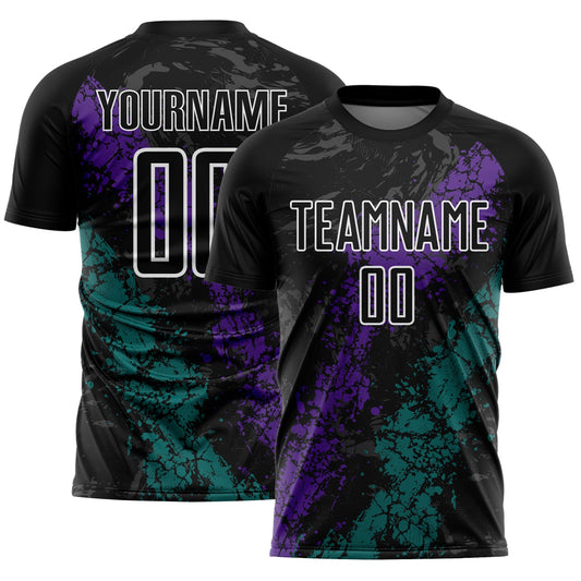 Custom Black White Purple-Teal Dripping Splatter Cracked Texture Sublimation Soccer Uniform Jersey - Main View