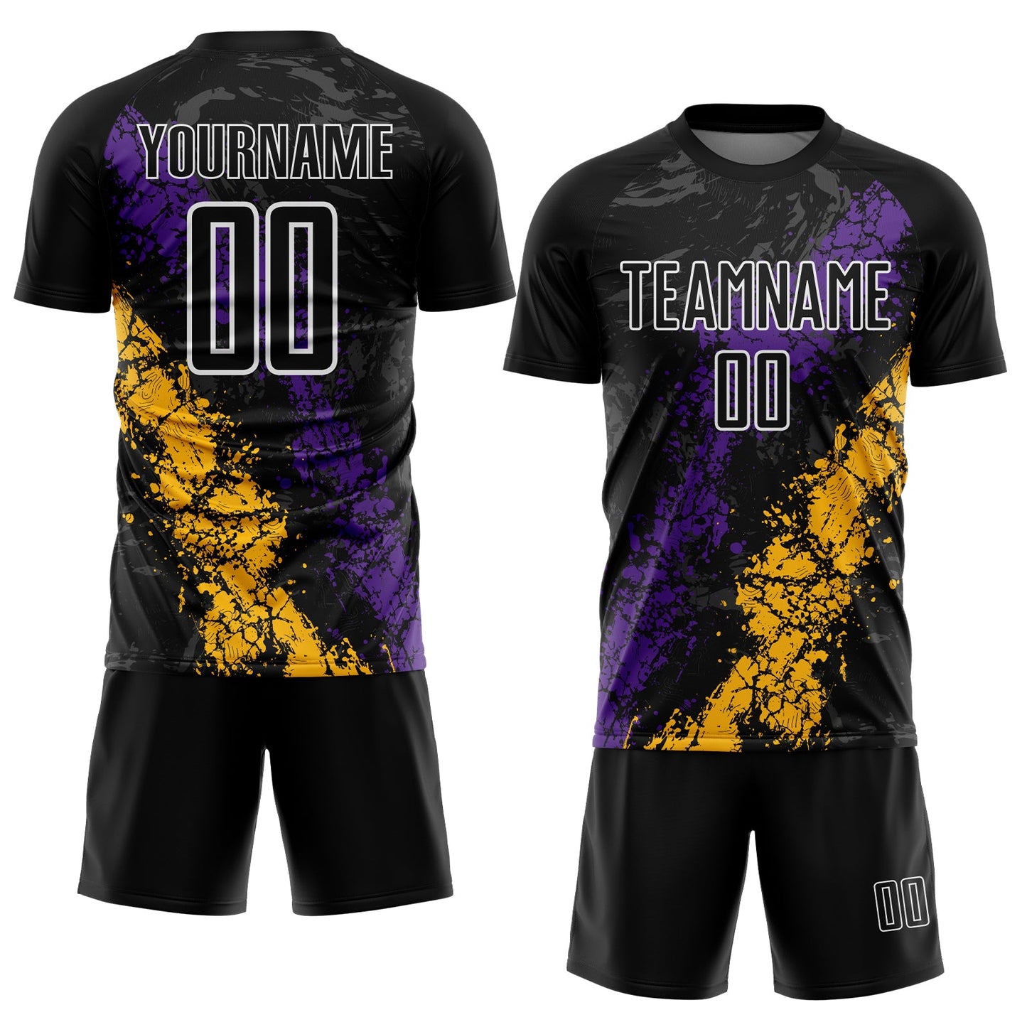 Custom Black White Purple-Gold Dripping Splatter Cracked Texture Sublimation Soccer Uniform Jersey view 2