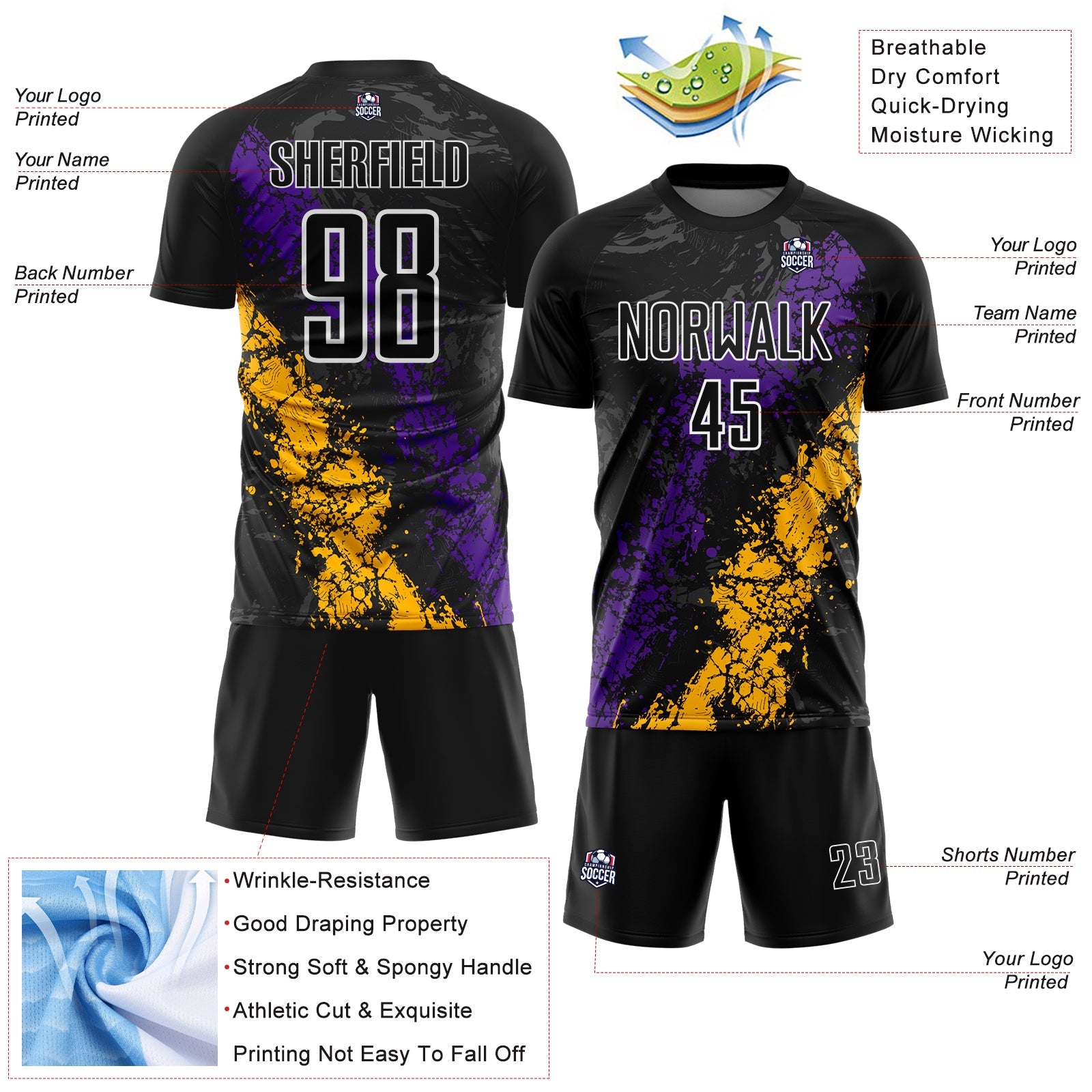 Custom Black White Purple-Gold Dripping Splatter Cracked Texture Sublimation Soccer Uniform Jersey view 4
