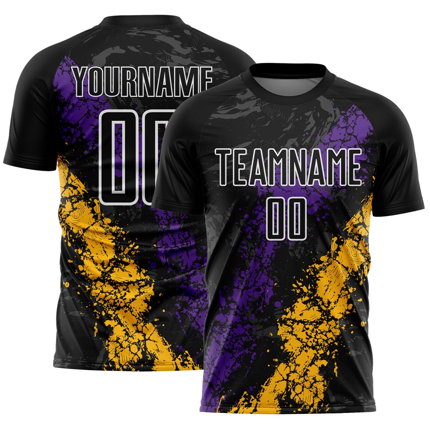 Custom Black White Purple-Gold Dripping Splatter Cracked Texture Sublimation Soccer Uniform Jersey - Main View