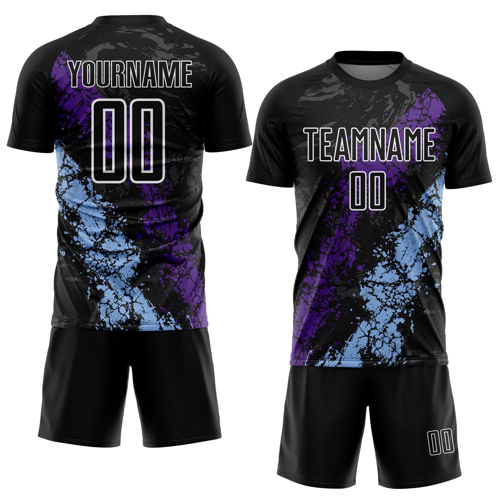 Custom Black White Purple-Light Blue Dripping Splatter Cracked Texture Sublimation Soccer Uniform Jersey view 2