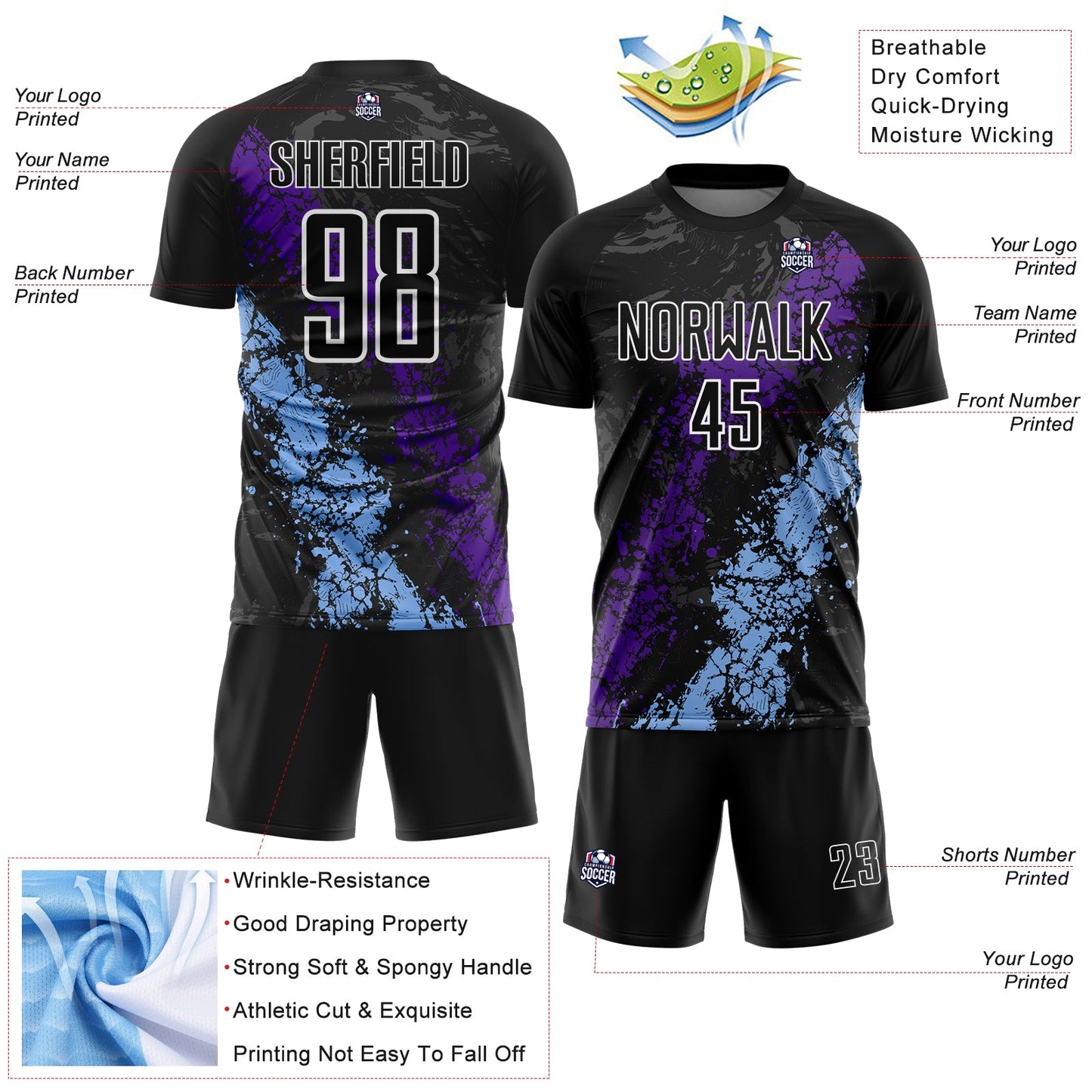 Custom Black White Purple-Light Blue Dripping Splatter Cracked Texture Sublimation Soccer Uniform Jersey view 4