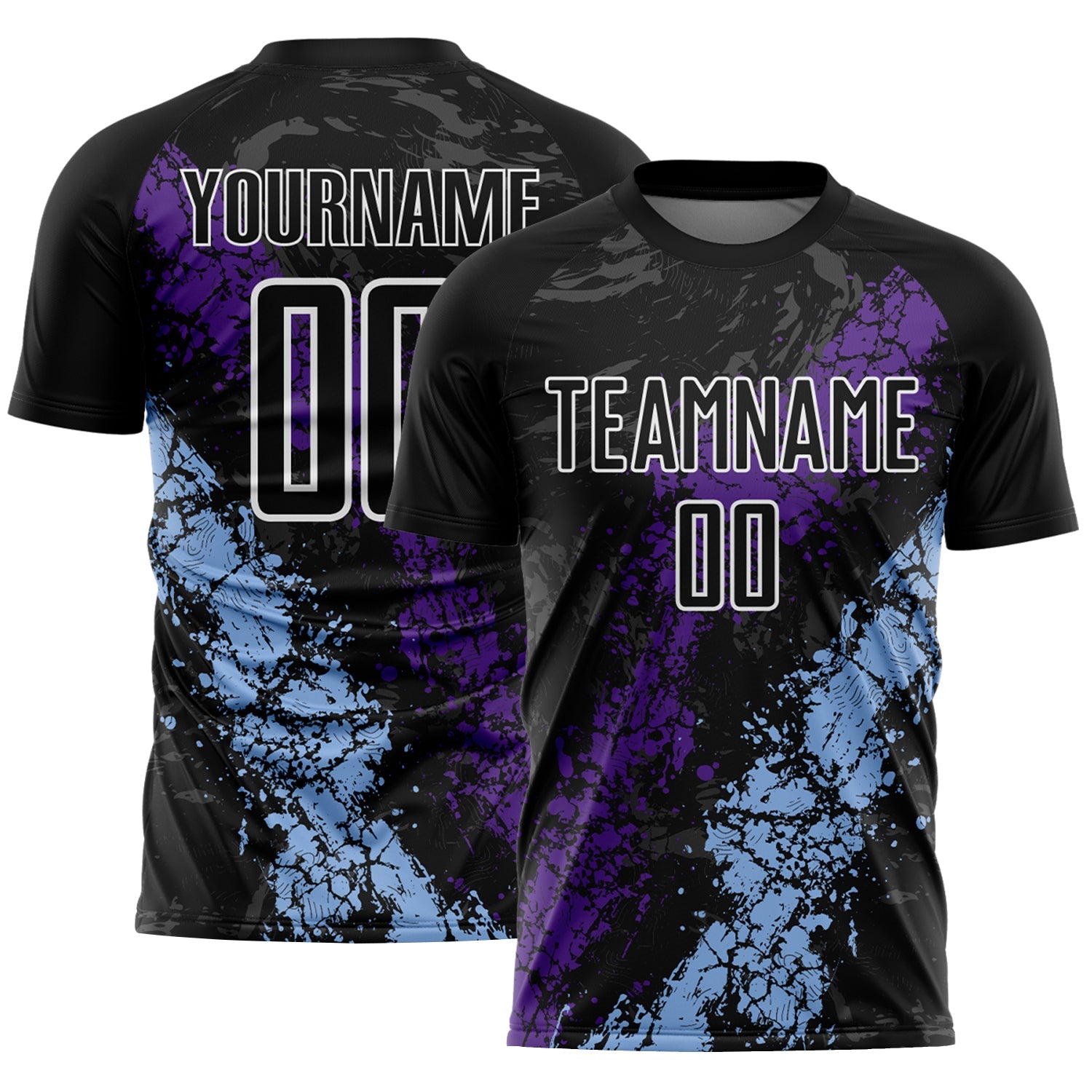 Custom Black White Purple-Light Blue Dripping Splatter Cracked Texture Sublimation Soccer Uniform Jersey - Main View