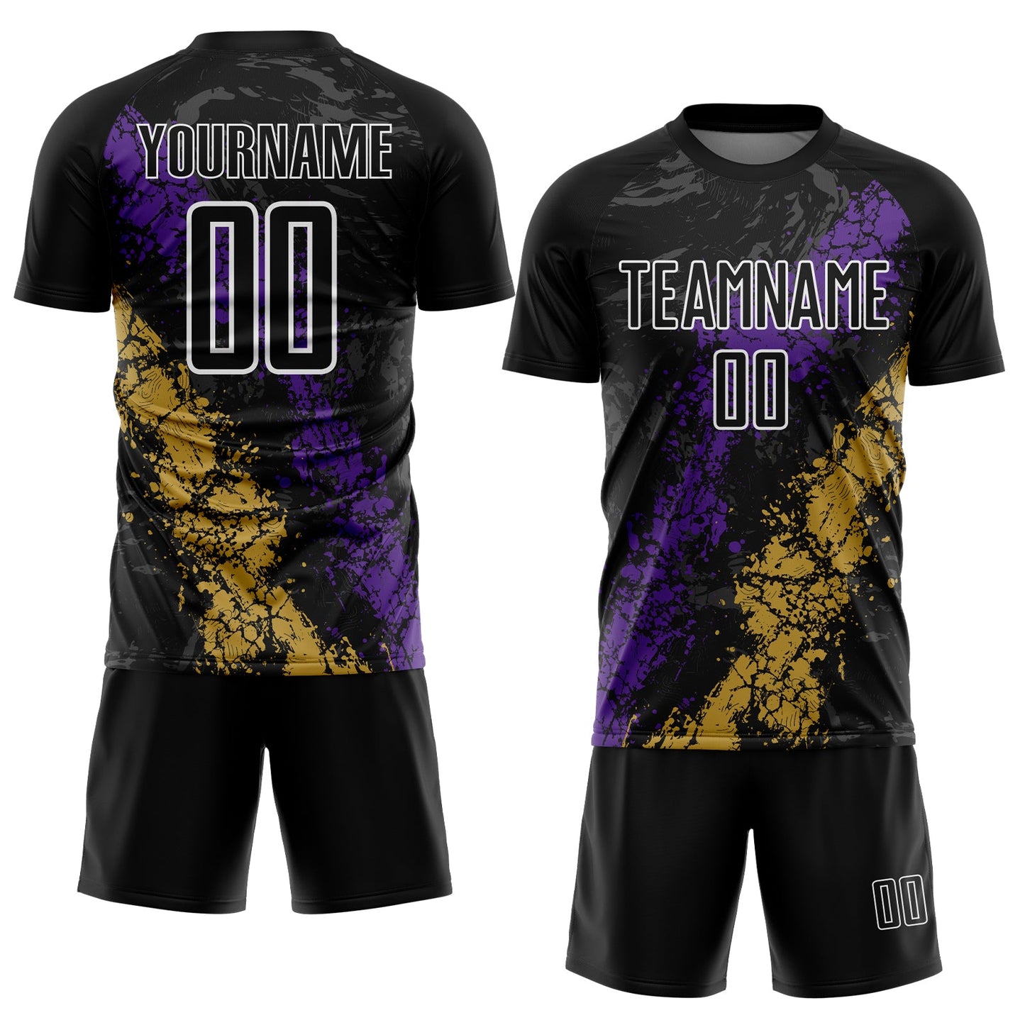 Custom Black White Purple-Old Gold Dripping Splatter Cracked Texture Sublimation Soccer Uniform Jersey view 2