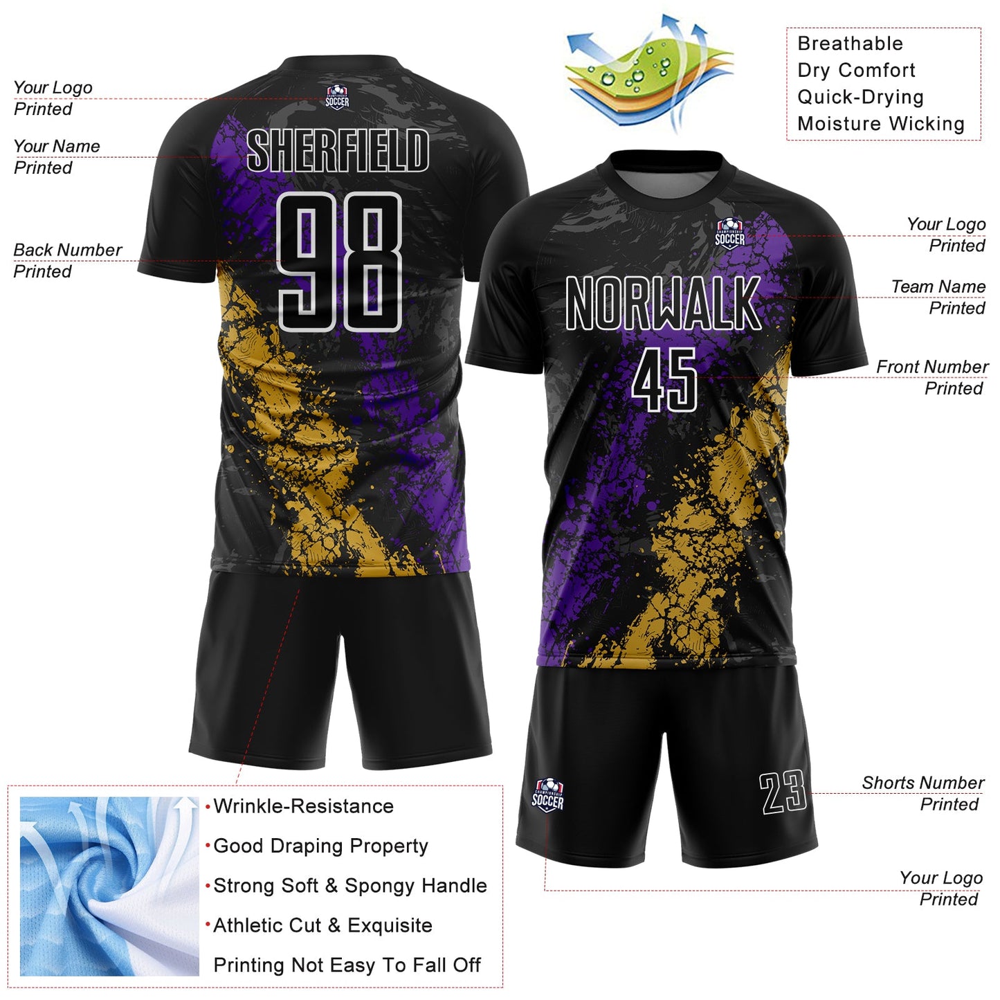 Custom Black White Purple-Old Gold Dripping Splatter Cracked Texture Sublimation Soccer Uniform Jersey view 4