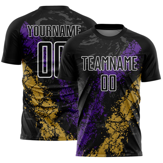 Custom Black White Purple-Old Gold Dripping Splatter Cracked Texture Sublimation Soccer Uniform Jersey - Main View