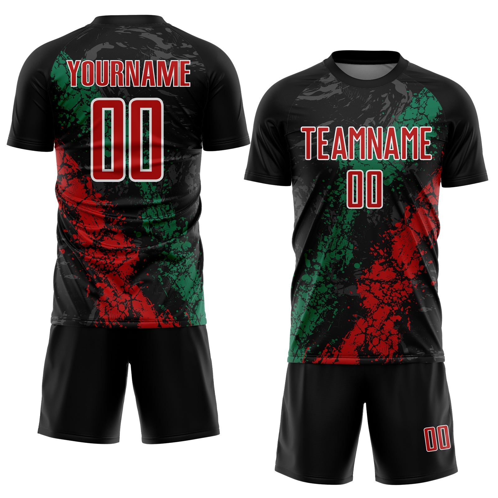 Custom Black Red White-Kelly Green Dripping Splatter Cracked Texture Sublimation Soccer Uniform Jersey view 2