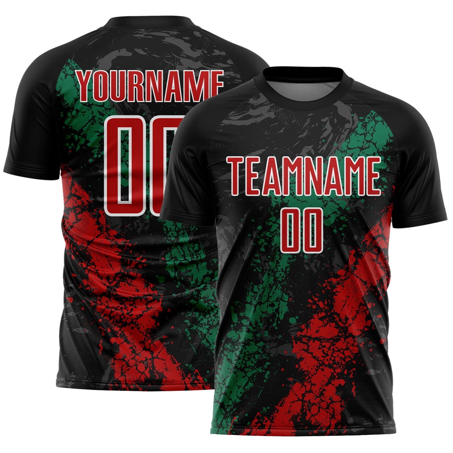 Custom Black Red White-Kelly Green Dripping Splatter Cracked Texture Sublimation Soccer Uniform Jersey - Main View