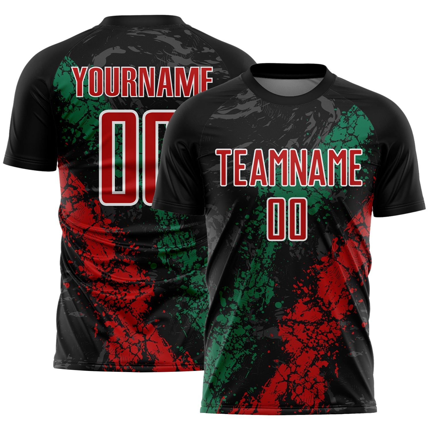 Custom Black Red White-Kelly Green Dripping Splatter Cracked Texture Sublimation Soccer Uniform Jersey - Main View