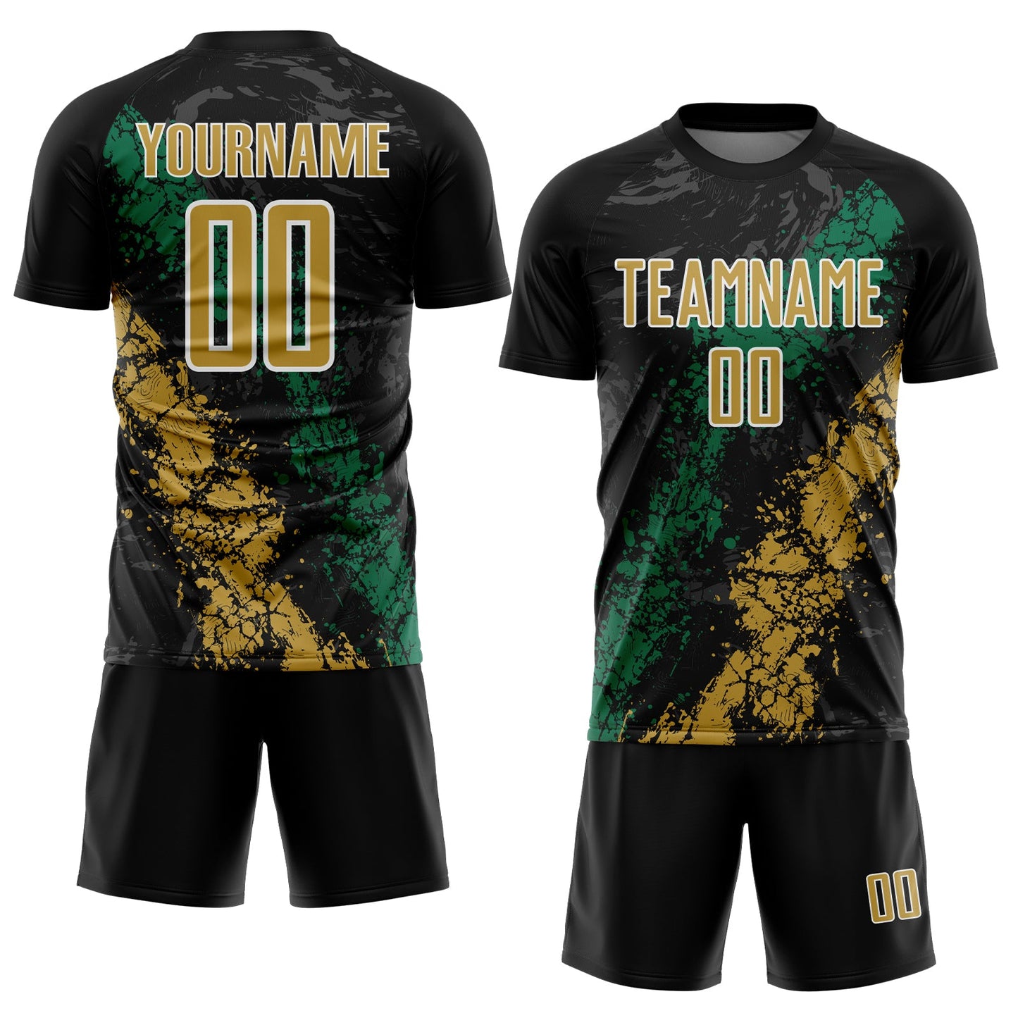 Custom Black Old Gold White-Kelly Green Dripping Splatter Cracked Texture Sublimation Soccer Uniform Jersey view 2