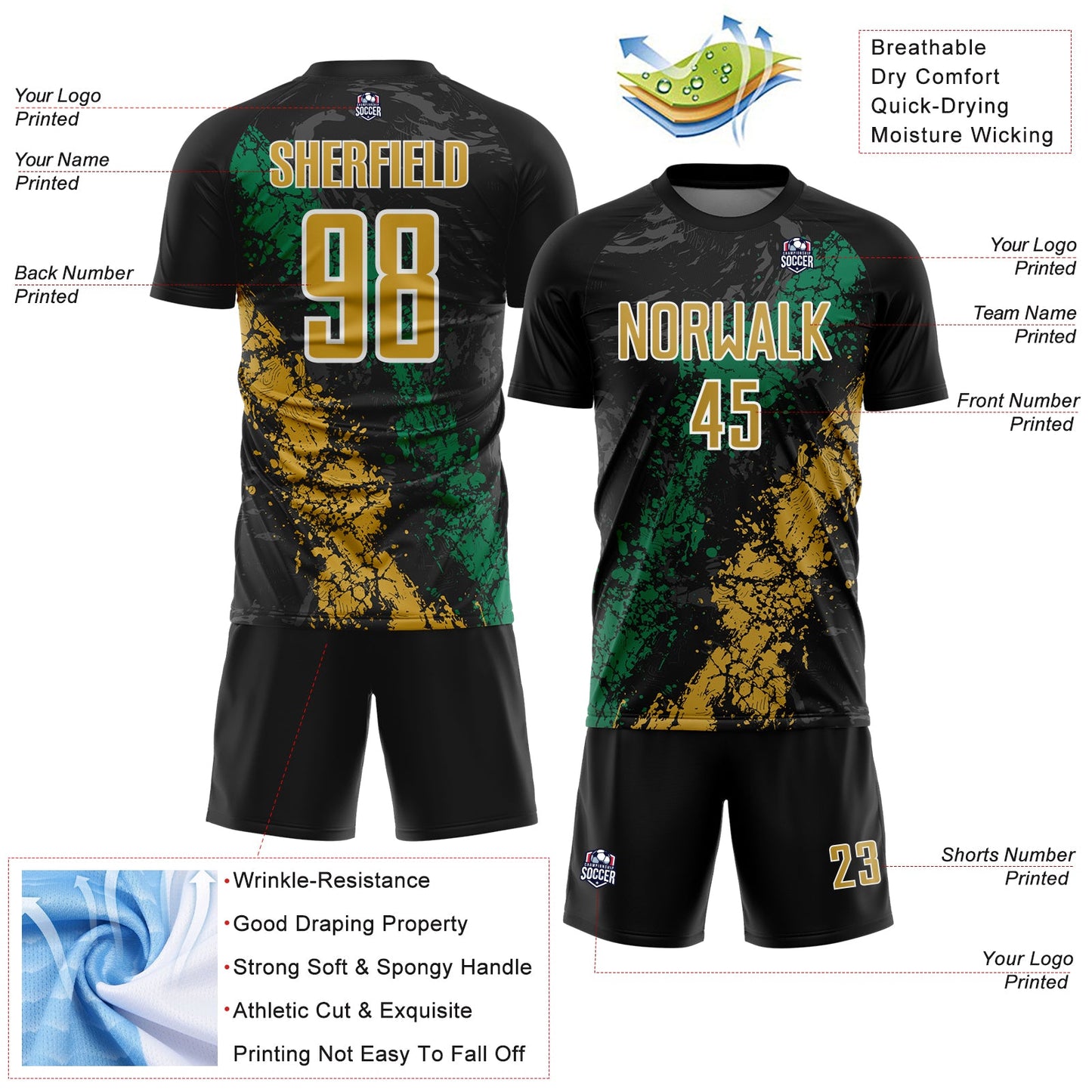 Custom Black Old Gold White-Kelly Green Dripping Splatter Cracked Texture Sublimation Soccer Uniform Jersey view 4