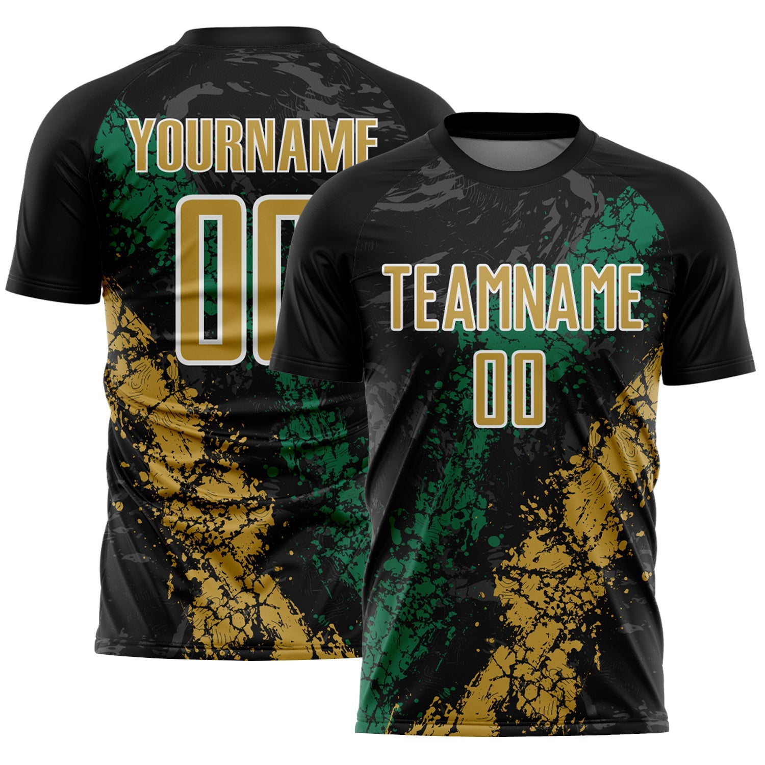 Custom Black Old Gold White-Kelly Green Dripping Splatter Cracked Texture Sublimation Soccer Uniform Jersey - Main View