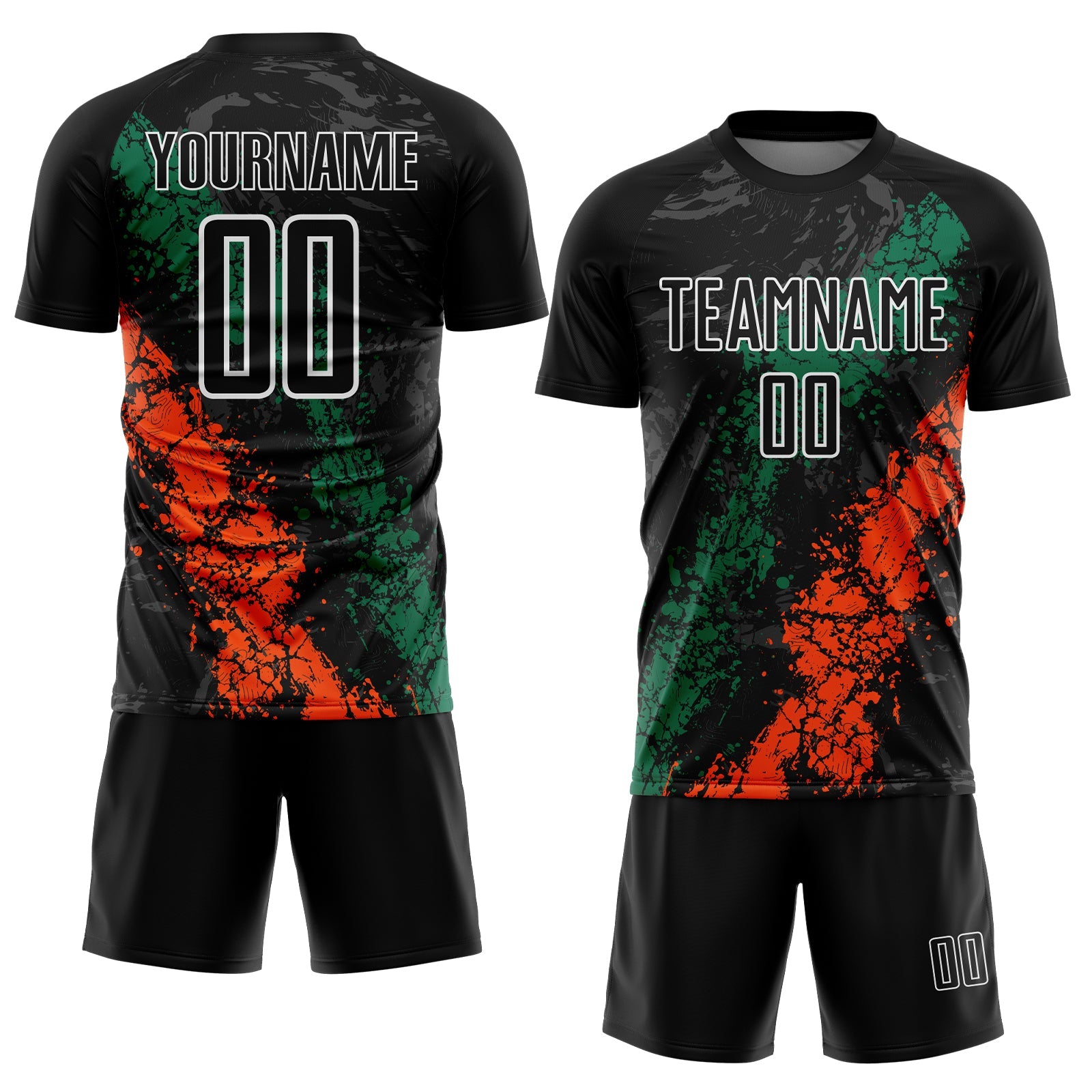 Custom Black White Kelly Green-Orange Dripping Splatter Cracked Texture Sublimation Soccer Uniform Jersey view 2