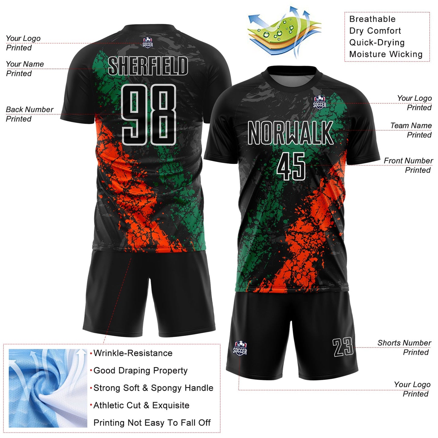 Custom Black White Kelly Green-Orange Dripping Splatter Cracked Texture Sublimation Soccer Uniform Jersey view 4