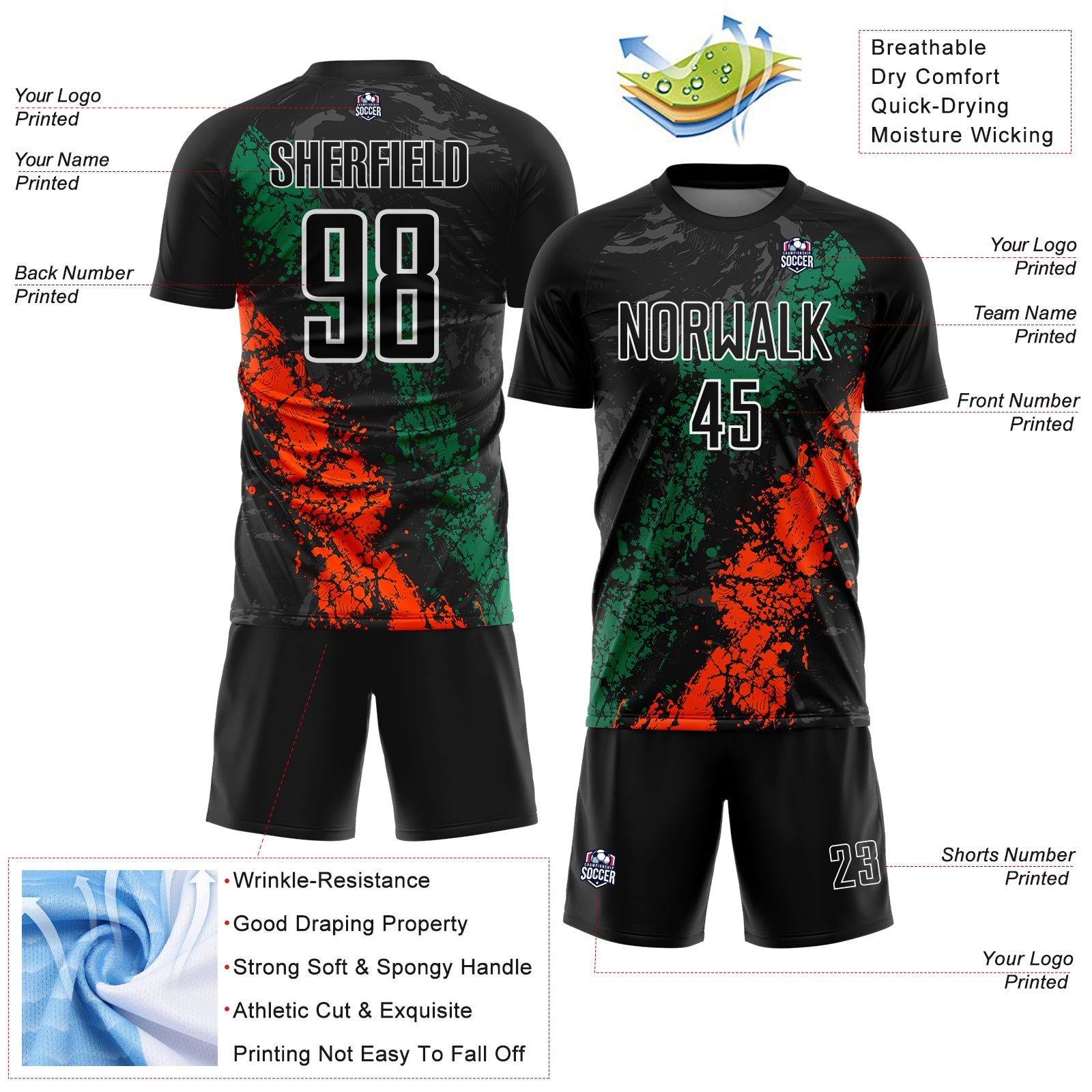 Custom Black White Kelly Green-Orange Dripping Splatter Cracked Texture Sublimation Soccer Uniform Jersey view 4