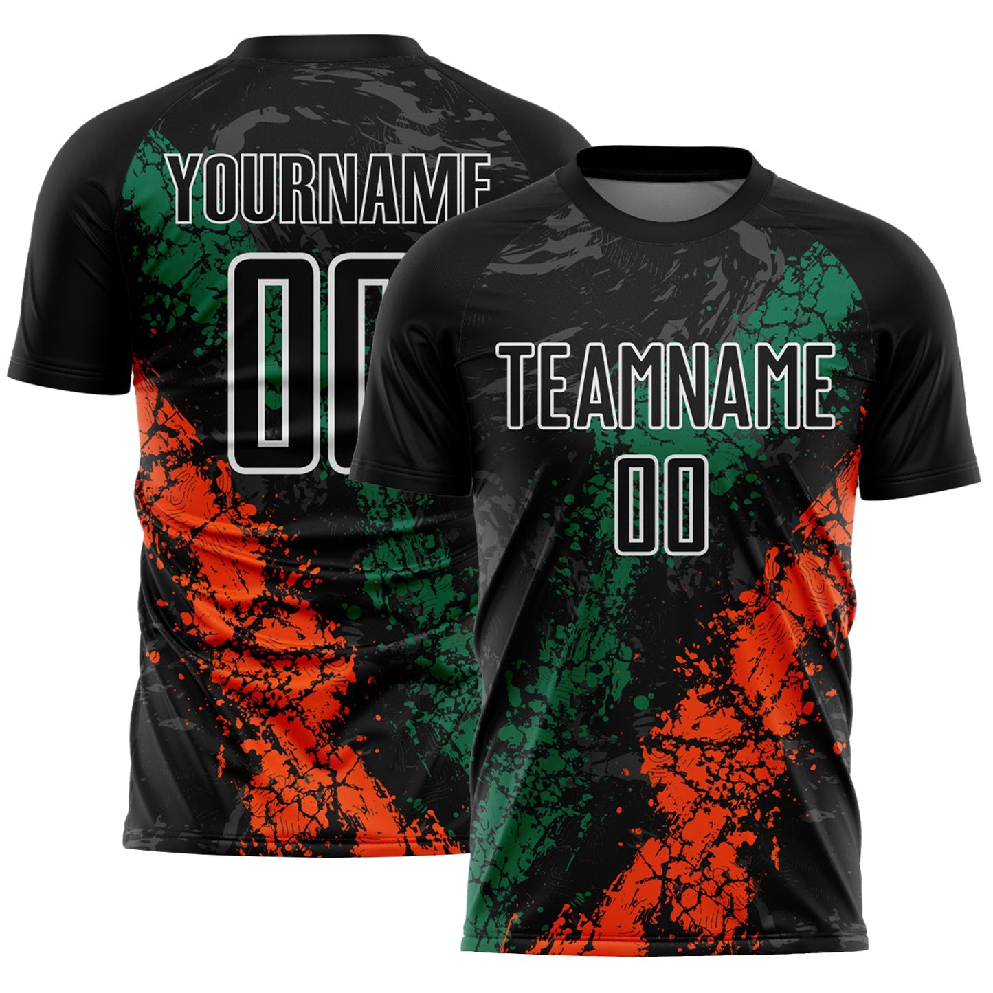 Custom Black White Kelly Green-Orange Dripping Splatter Cracked Texture Sublimation Soccer Uniform Jersey - Main View