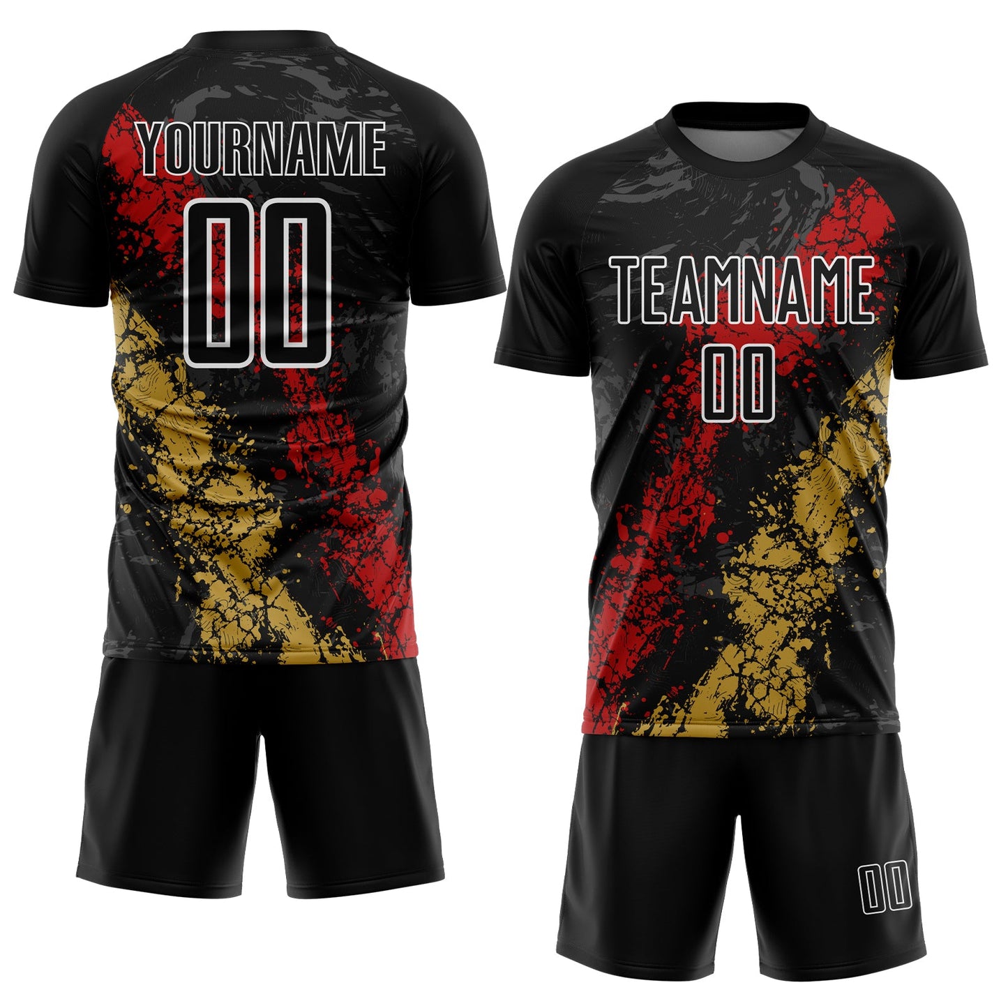 Custom Black White Red-Old Gold Dripping Splatter Cracked Texture Sublimation Soccer Uniform Jersey view 2