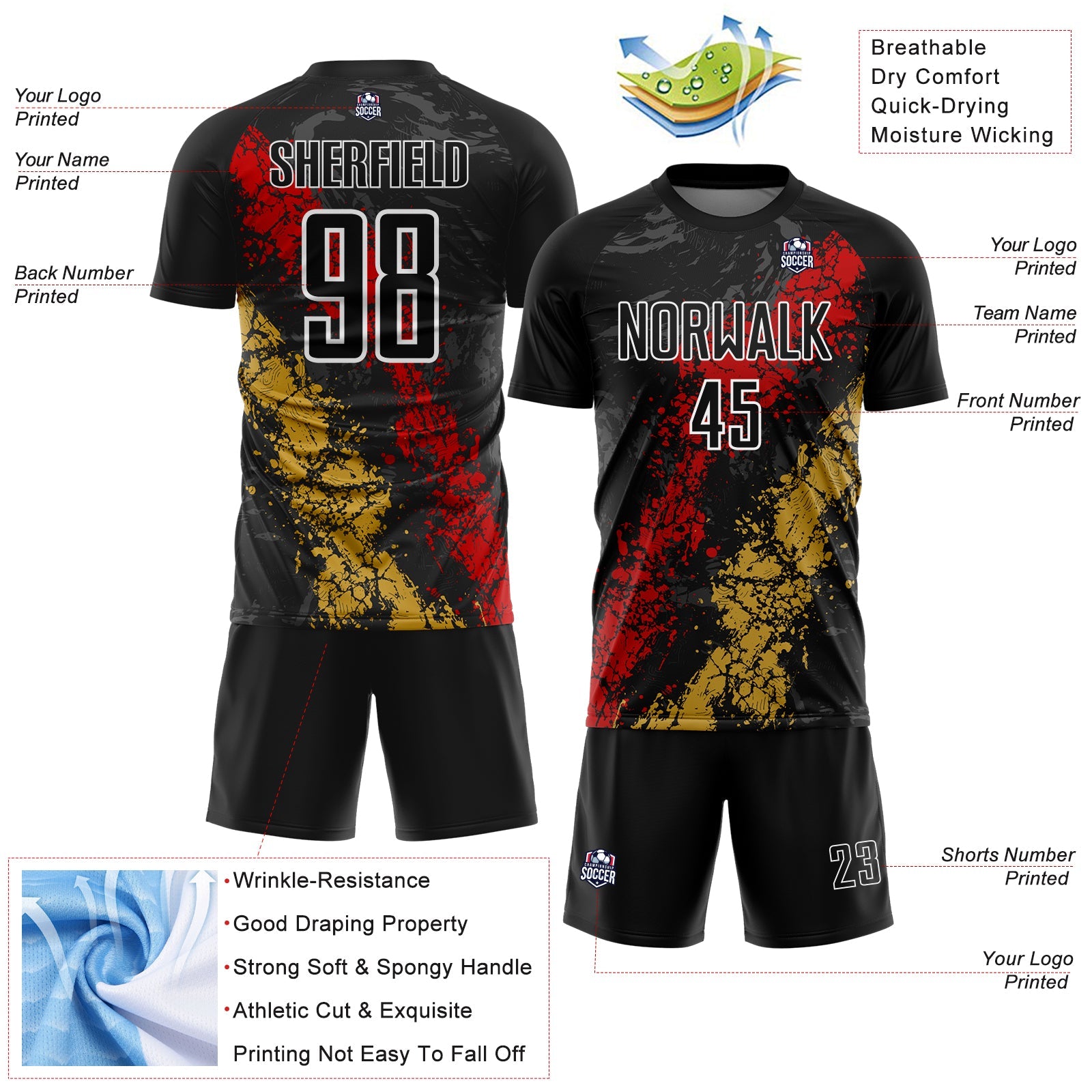 Custom Black White Red-Old Gold Dripping Splatter Cracked Texture Sublimation Soccer Uniform Jersey view 4