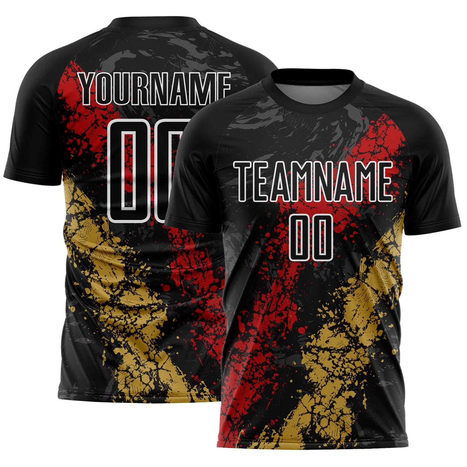Custom Black White Red-Old Gold Dripping Splatter Cracked Texture Sublimation Soccer Uniform Jersey - Main View
